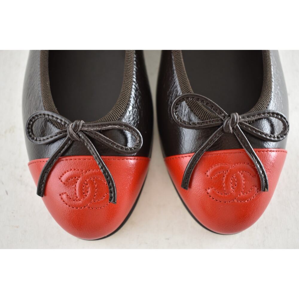 Chanel 26S Dark Brown Red Leather CC Logo Cap Classic Ballet Ballerina Flat 38.5 - Picture 13 of 16